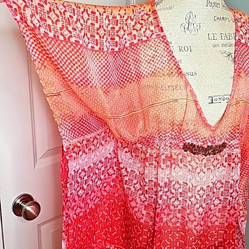 Cynthia Rowley Red And Orange Printed Sheer Swimsuit Cover Dress - OS - Picture 5 of 8